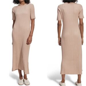 Varley Ribbed Knit mock neck Midi dress neutral taupe Medium